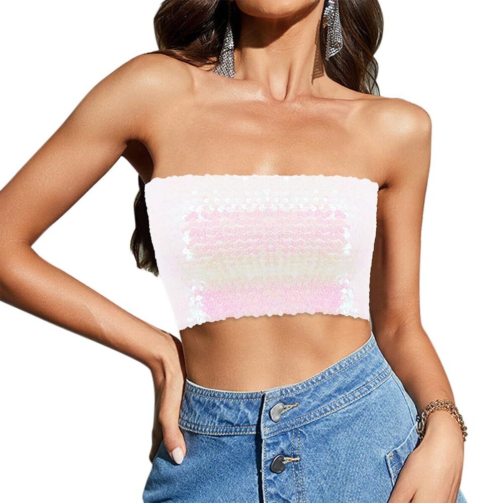 7892 Sparkly Bling Sequin Tube Top Sexy Stretchy Crop Top Party Costume
